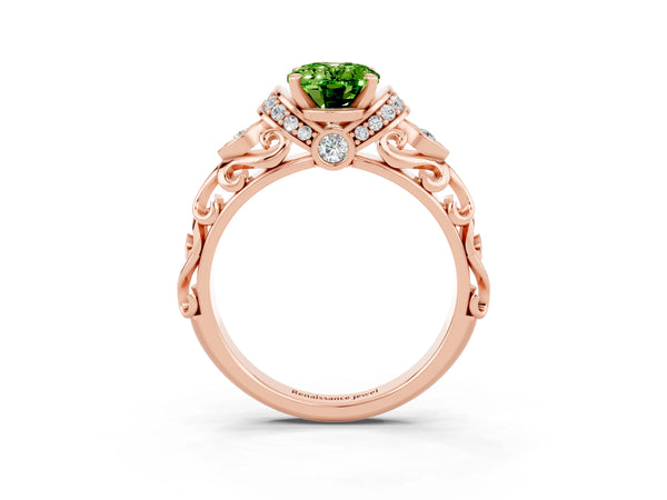 Rose gold Oval Cut Peridot Solitaire Ring with Filigree Band and Four-Prong Setting
