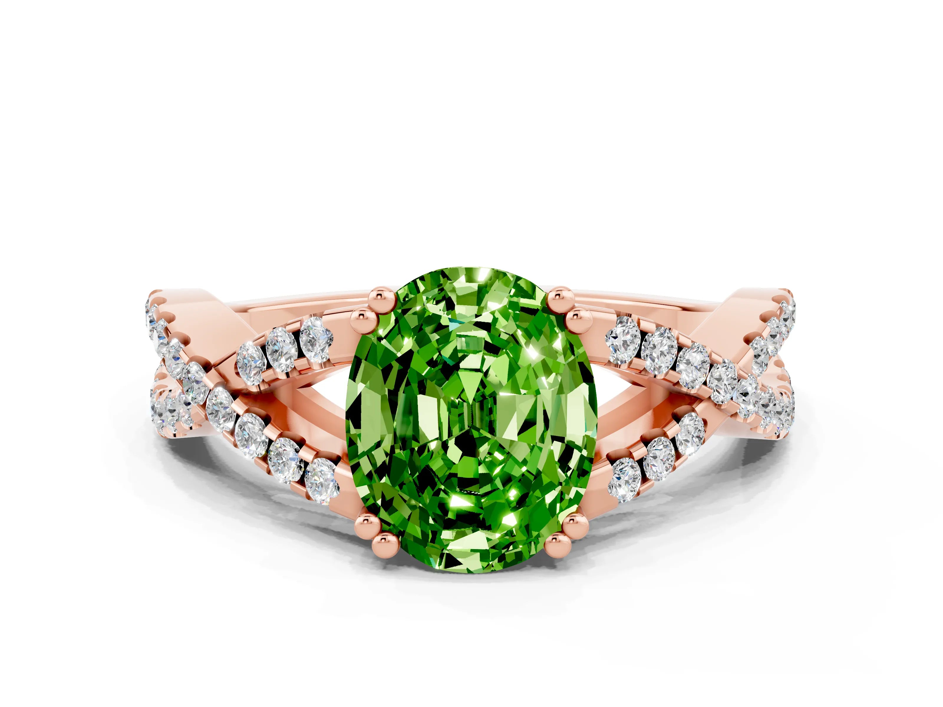 Rose gold Oval Cut Peridot Solitaire Ring with Four-Prong Setting and Twisted Pavé Band