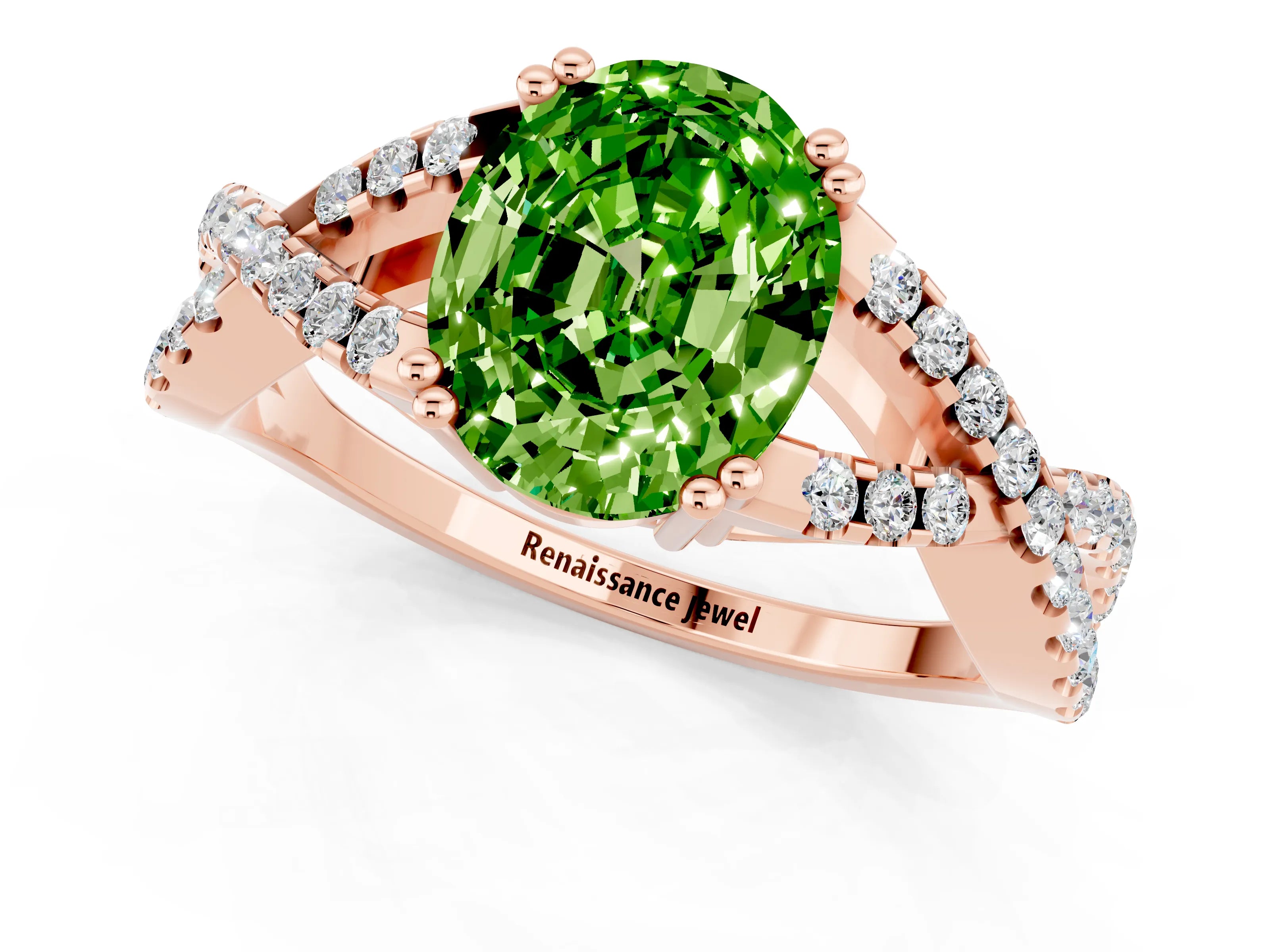 Rose gold Oval Cut Peridot Solitaire Ring with Four-Prong Setting and Twisted Pavé Band_1
