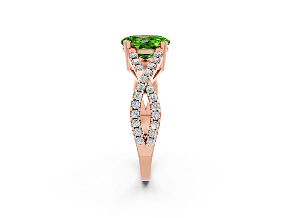 Rose gold Oval Cut Peridot Solitaire Ring with Four-Prong Setting and Twisted Pavé Band