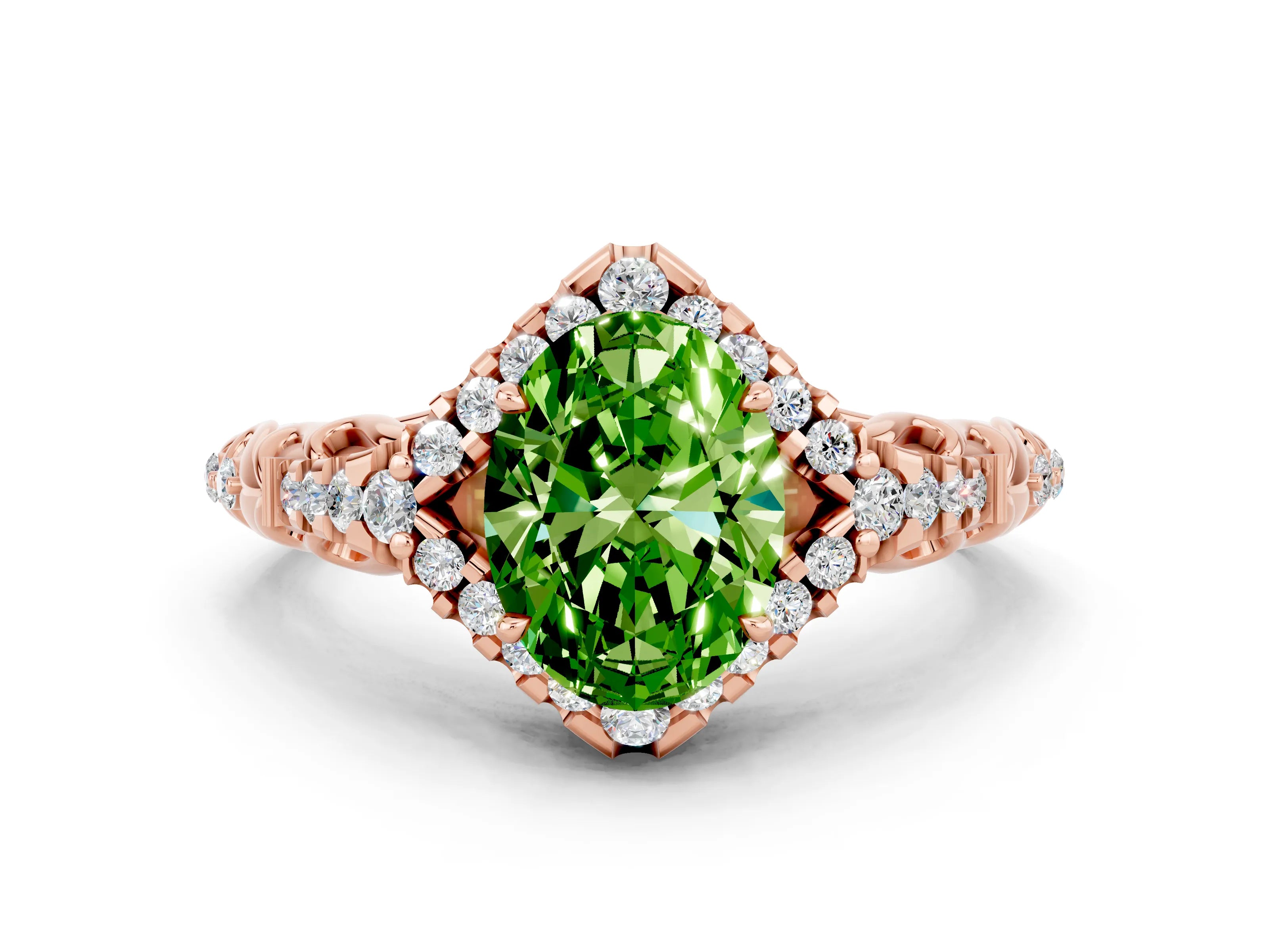 Rose gold Oval Cut Peridot Solitaire Ring with Hidden Halo and Pavé Band_12