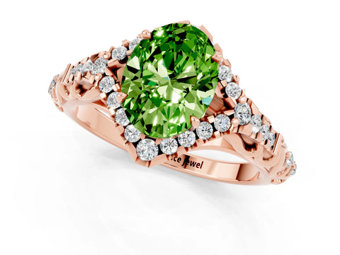 Rose gold Oval Cut Peridot Solitaire Ring with Hidden Halo and Pavé Band_13