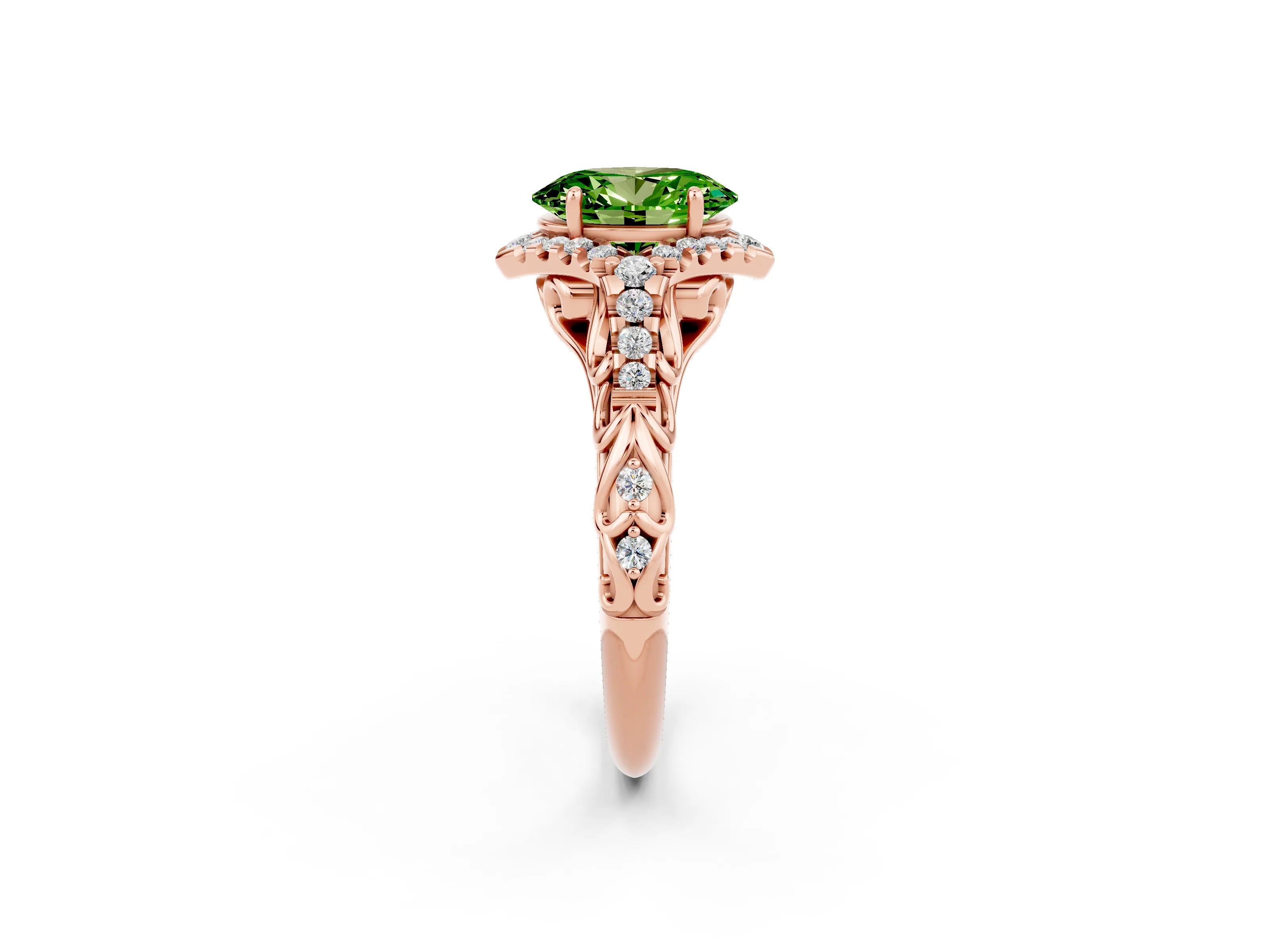 Rose gold Oval Cut Peridot Solitaire Ring with Hidden Halo and Pavé Band_14
