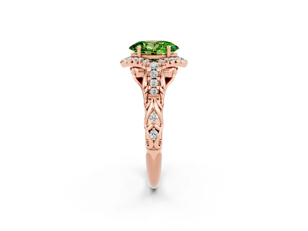 Rose gold Oval Cut Peridot Solitaire Ring with Hidden Halo and Pavé Band