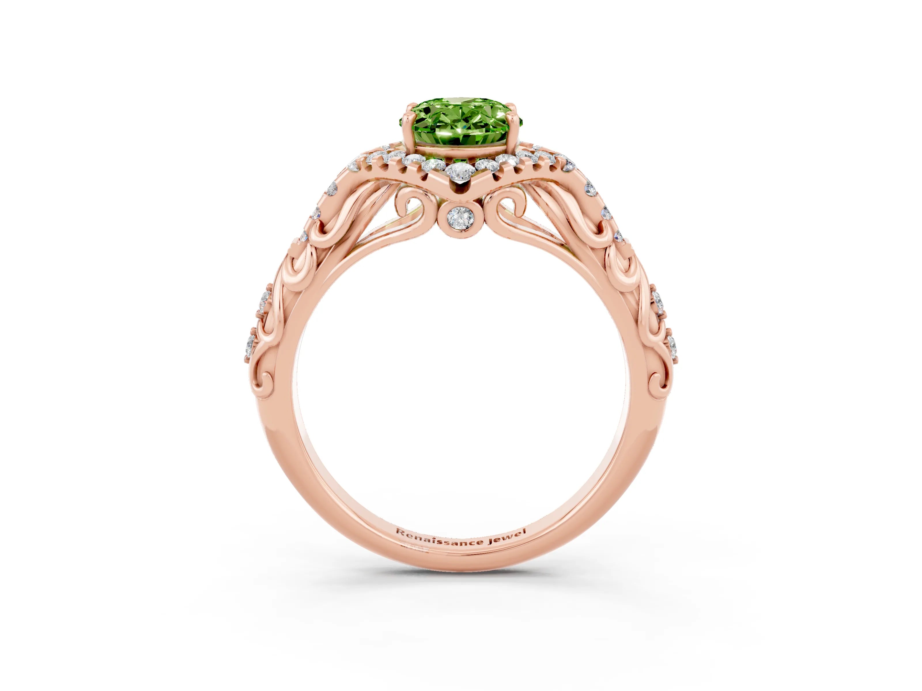 Rose gold Oval Cut Peridot Solitaire Ring with Hidden Halo and Pavé Band_15