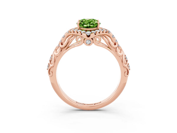 Rose gold Oval Cut Peridot Solitaire Ring with Hidden Halo and Pavé Band