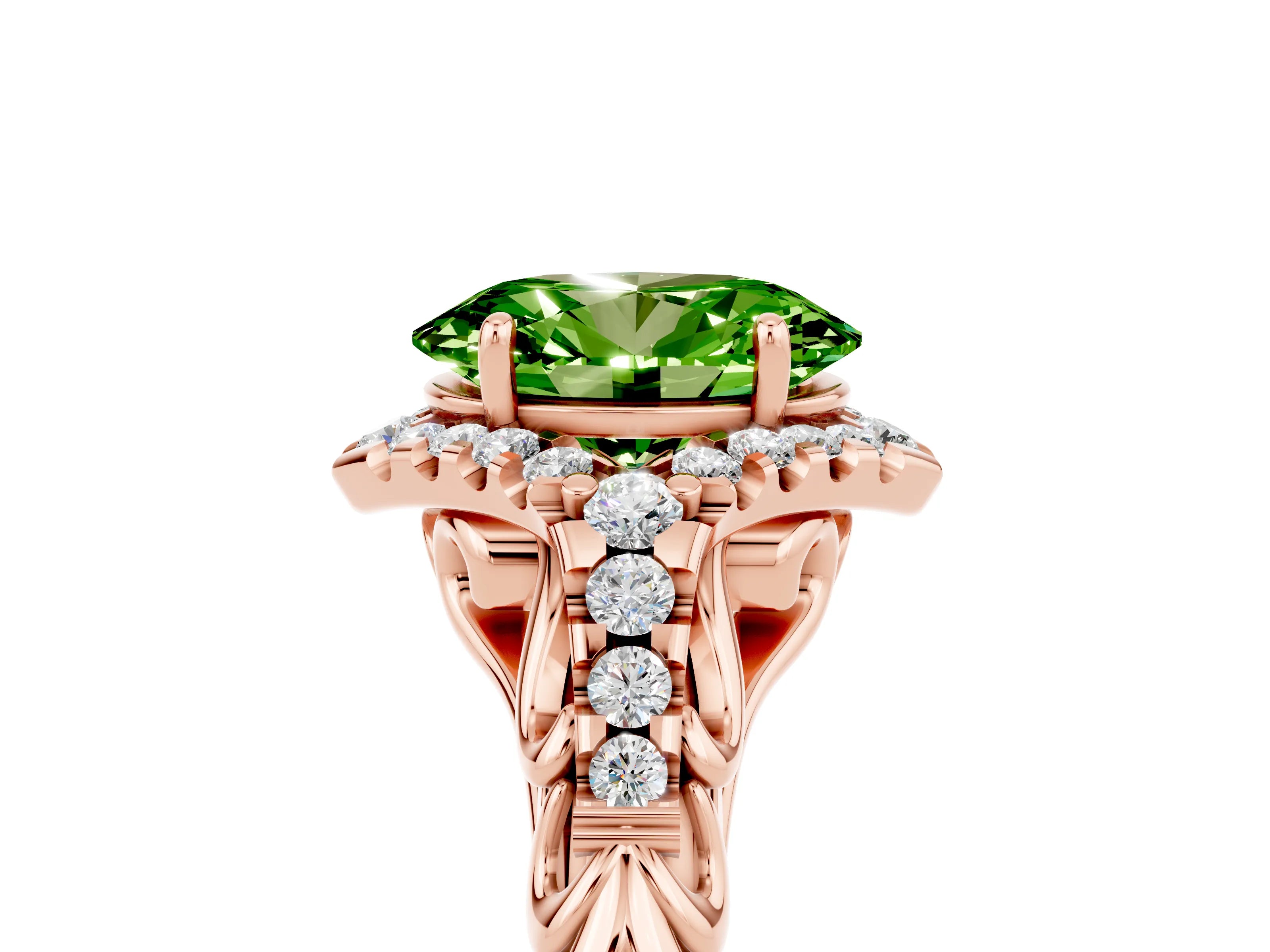Rose gold Oval Cut Peridot Solitaire Ring with Hidden Halo and Pavé Band_17