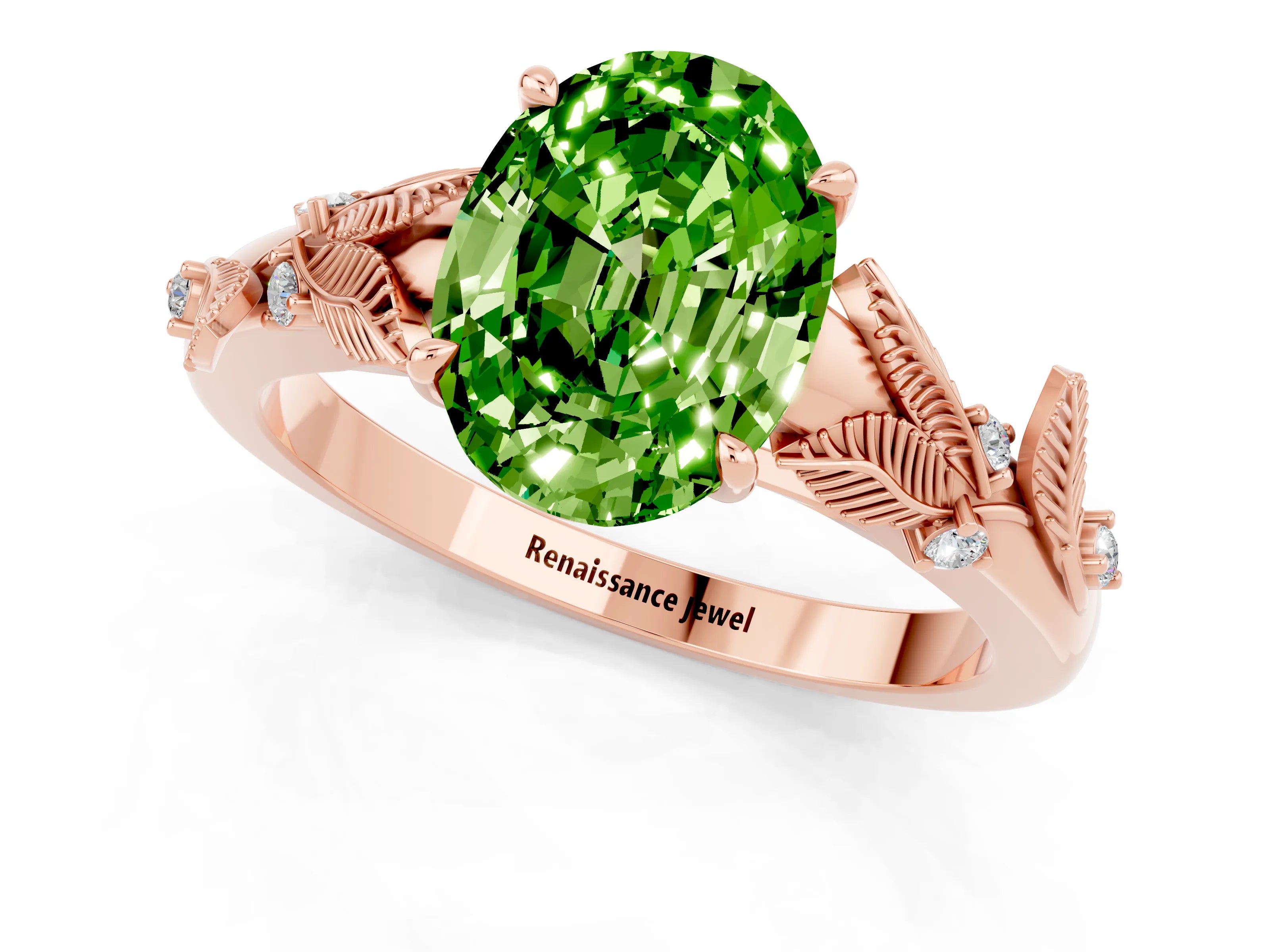 Rose gold Oval Cut Peridot Solitaire Ring with Leaf Motif Band and Four-Prong Setting_1