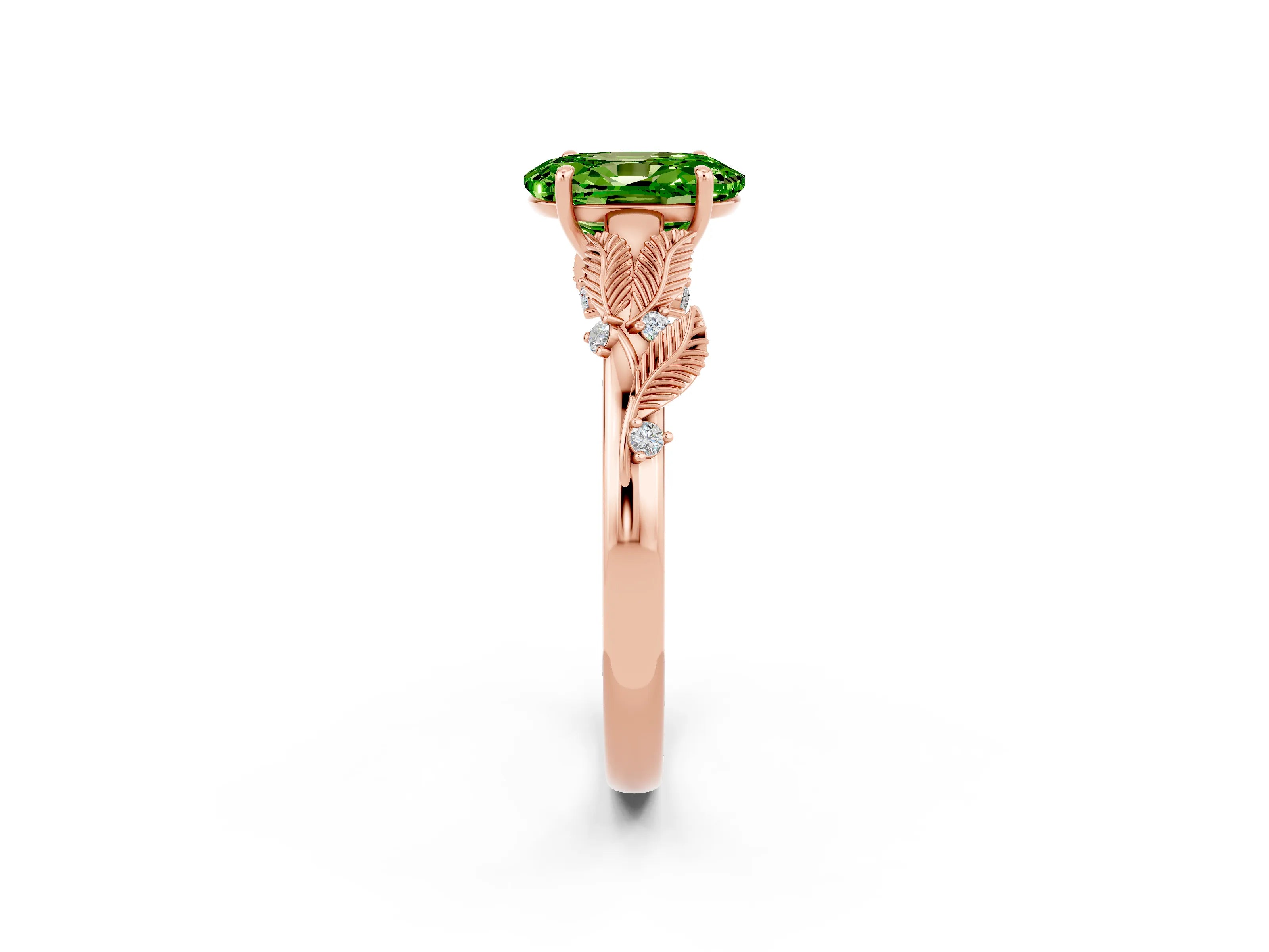 Rose gold Oval Cut Peridot Solitaire Ring with Leaf Motif Band and Four-Prong Setting_2