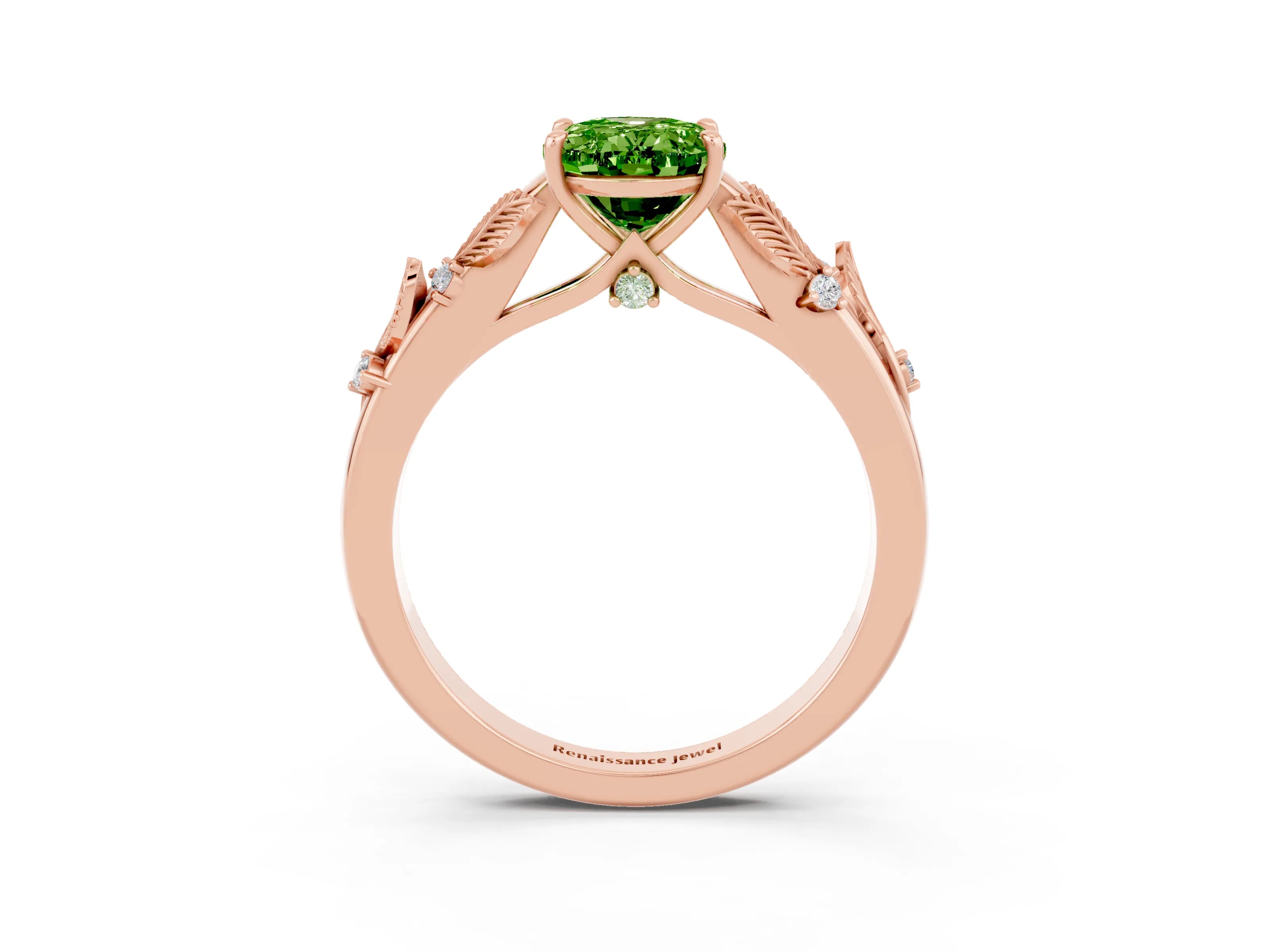 Rose gold Oval Cut Peridot Solitaire Ring with Leaf Motif Band and Four-Prong Setting_3