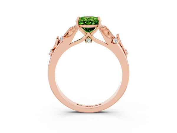 Rose gold Oval Cut Peridot Solitaire Ring with Leaf Motif Band and Four-Prong Setting