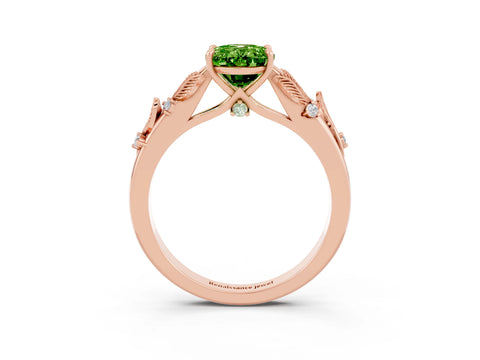 Rose gold Oval Cut Peridot Solitaire Ring with Leaf Motif Band and Four-Prong Setting_3