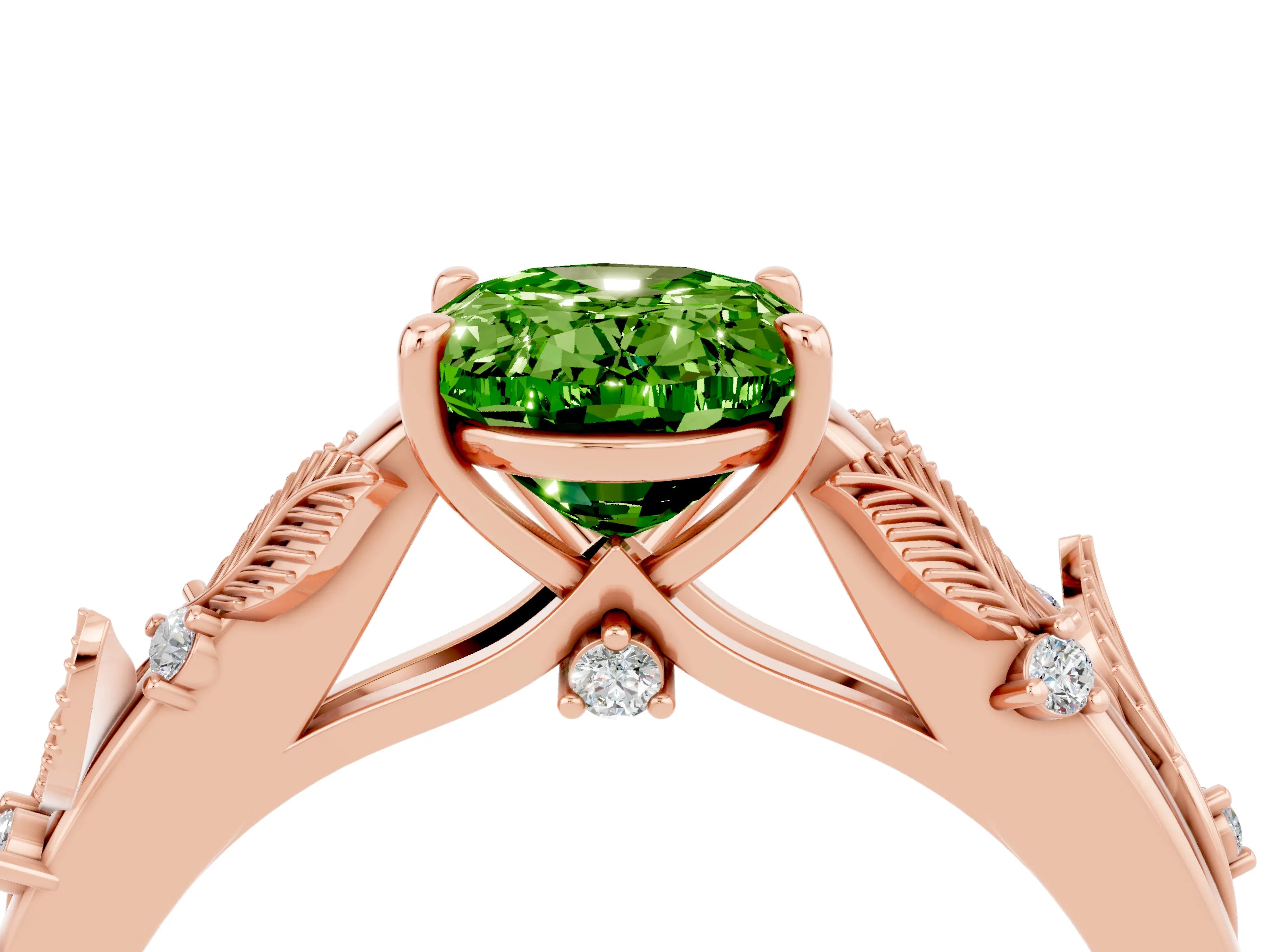 Rose gold Oval Cut Peridot Solitaire Ring with Leaf Motif Band and Four-Prong Setting_4