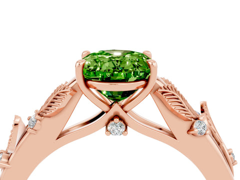 Rose gold Oval Cut Peridot Solitaire Ring with Leaf Motif Band and Four-Prong Setting_4