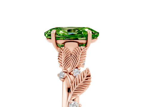Rose gold Oval Cut Peridot Solitaire Ring with Leaf Motif Band and Four-Prong Setting_5