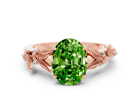 Rose gold Oval Cut Peridot Solitaire Ring with Leaf Motif Band and Four-Prong Setting