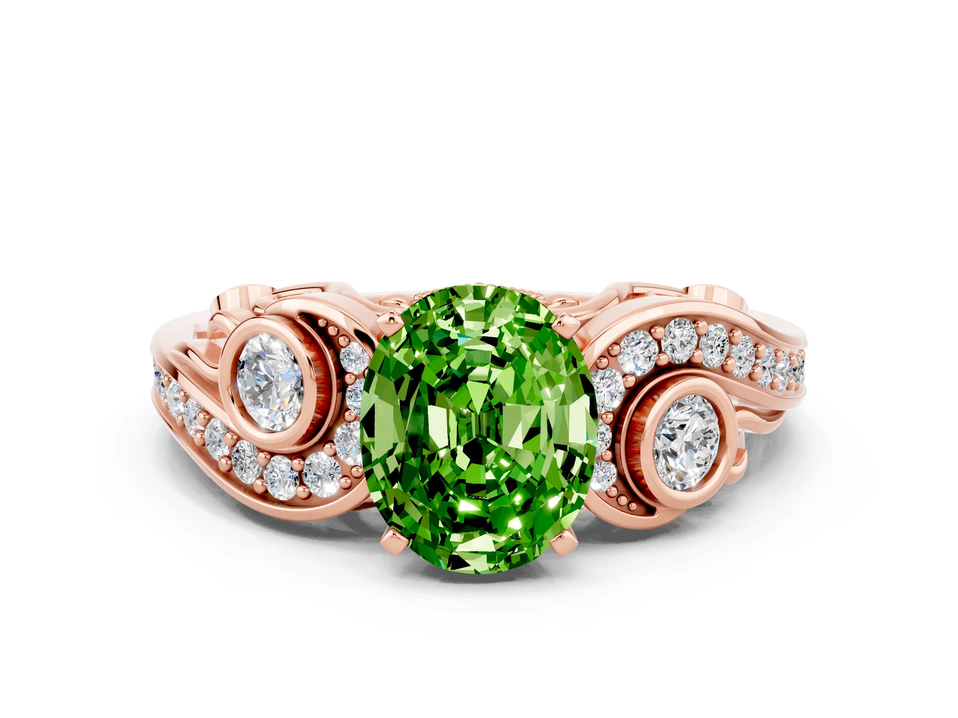 Rose gold Oval Cut Peridot Solitaire Ring with Milgrain Pavé Band and Four-Prong Setting_36