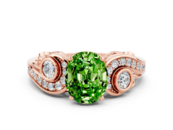 Rose gold Oval Cut Peridot Solitaire Ring with Milgrain Pavé Band and Four-Prong Setting