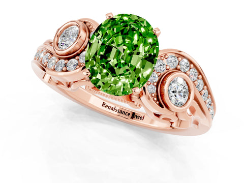 Rose gold Oval Cut Peridot Solitaire Ring with Milgrain Pavé Band and Four-Prong Setting_37