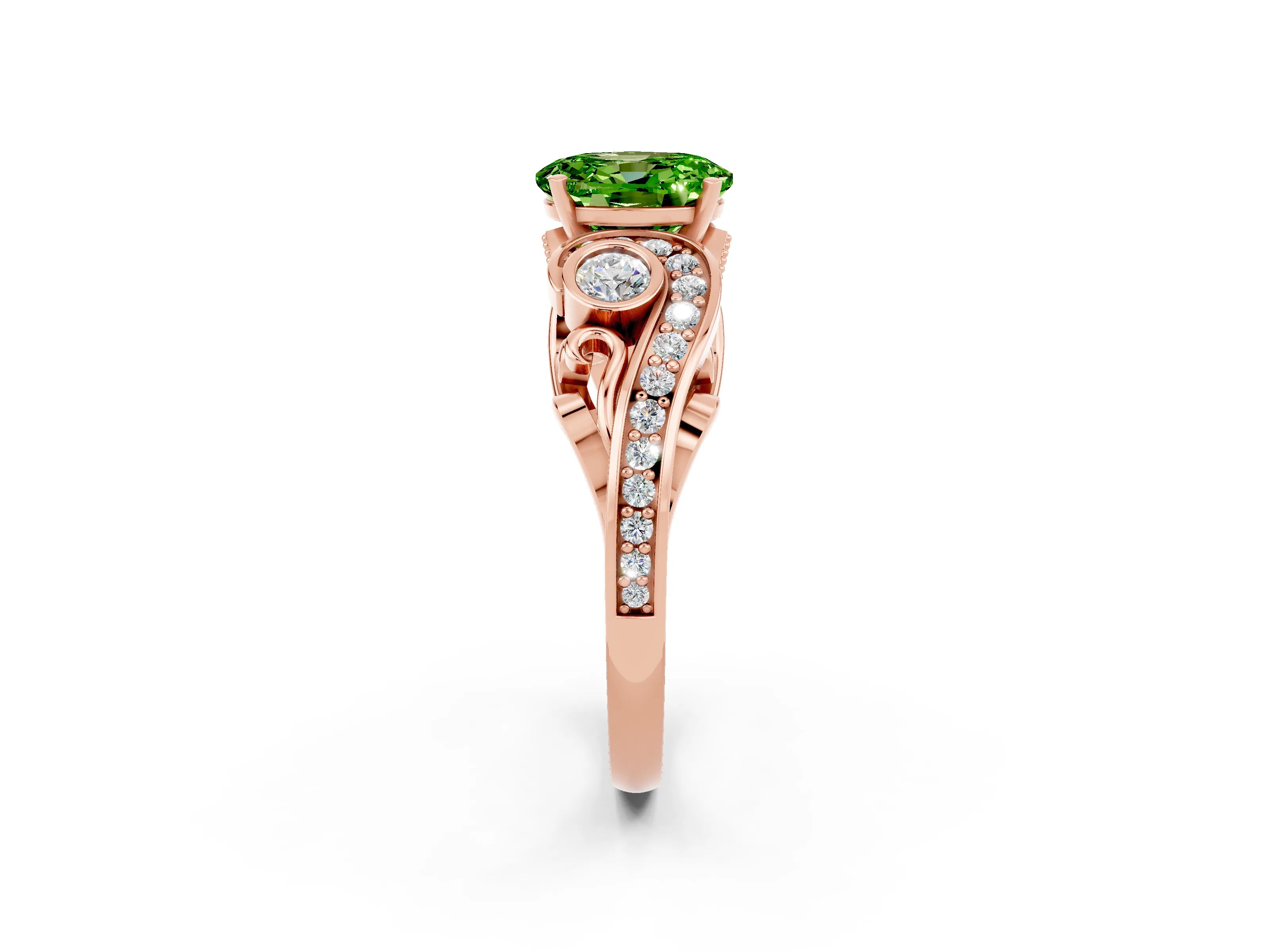 Rose gold Oval Cut Peridot Solitaire Ring with Milgrain Pavé Band and Four-Prong Setting_38