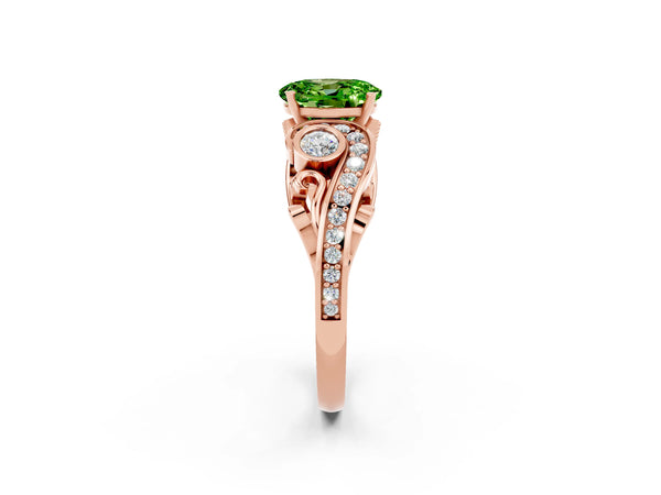 Rose gold Oval Cut Peridot Solitaire Ring with Milgrain Pavé Band and Four-Prong Setting
