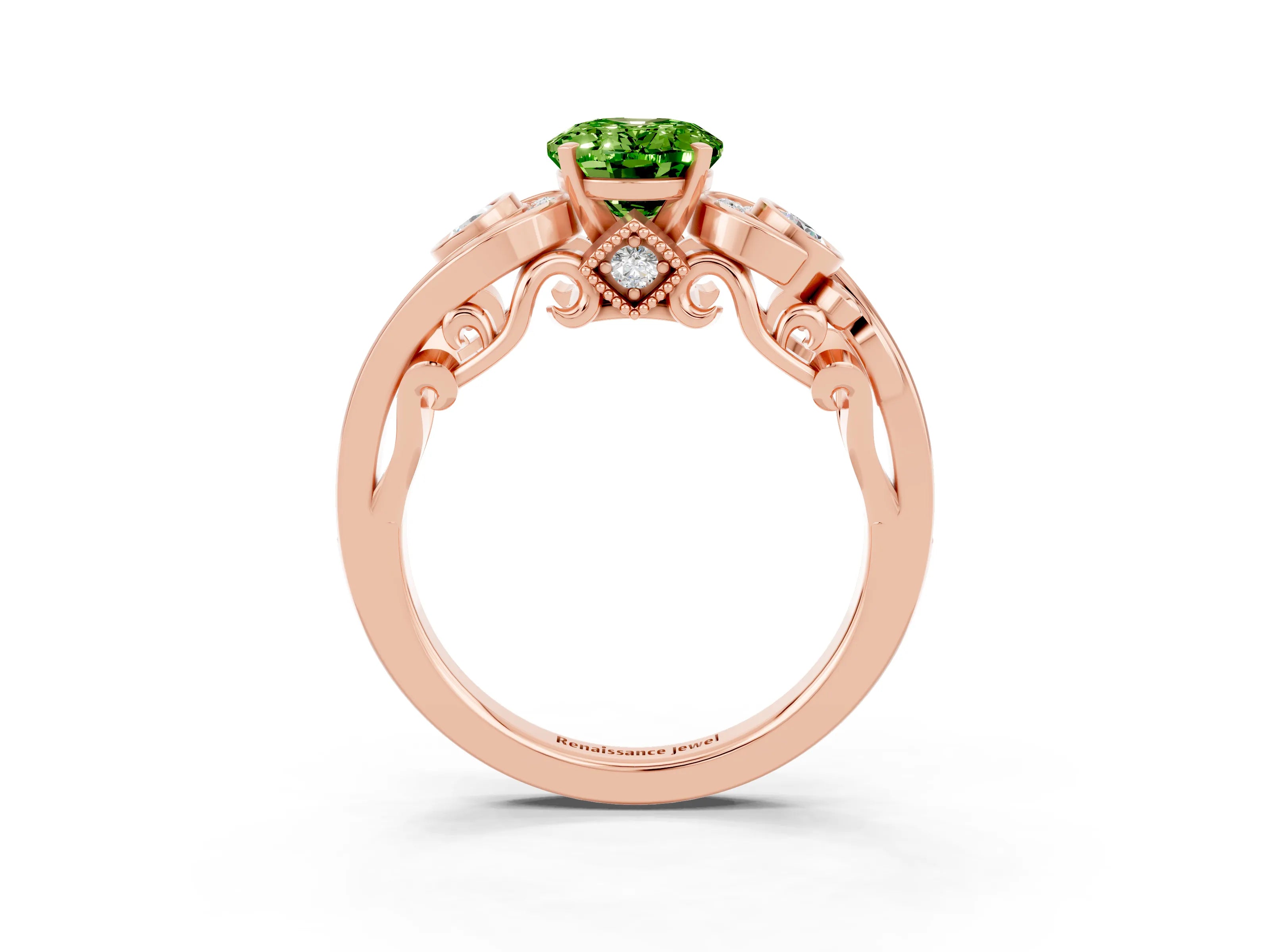 Rose gold Oval Cut Peridot Solitaire Ring with Milgrain Pavé Band and Four-Prong Setting_39