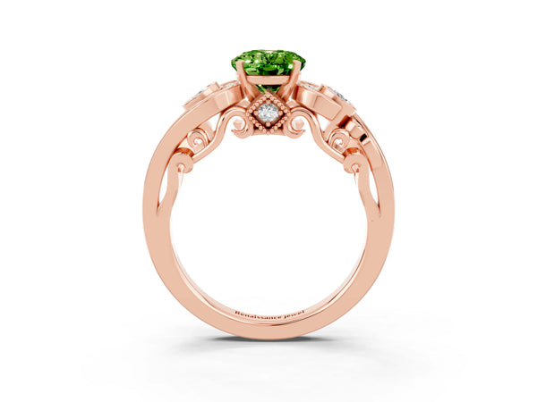 Rose gold Oval Cut Peridot Solitaire Ring with Milgrain Pavé Band and Four-Prong Setting
