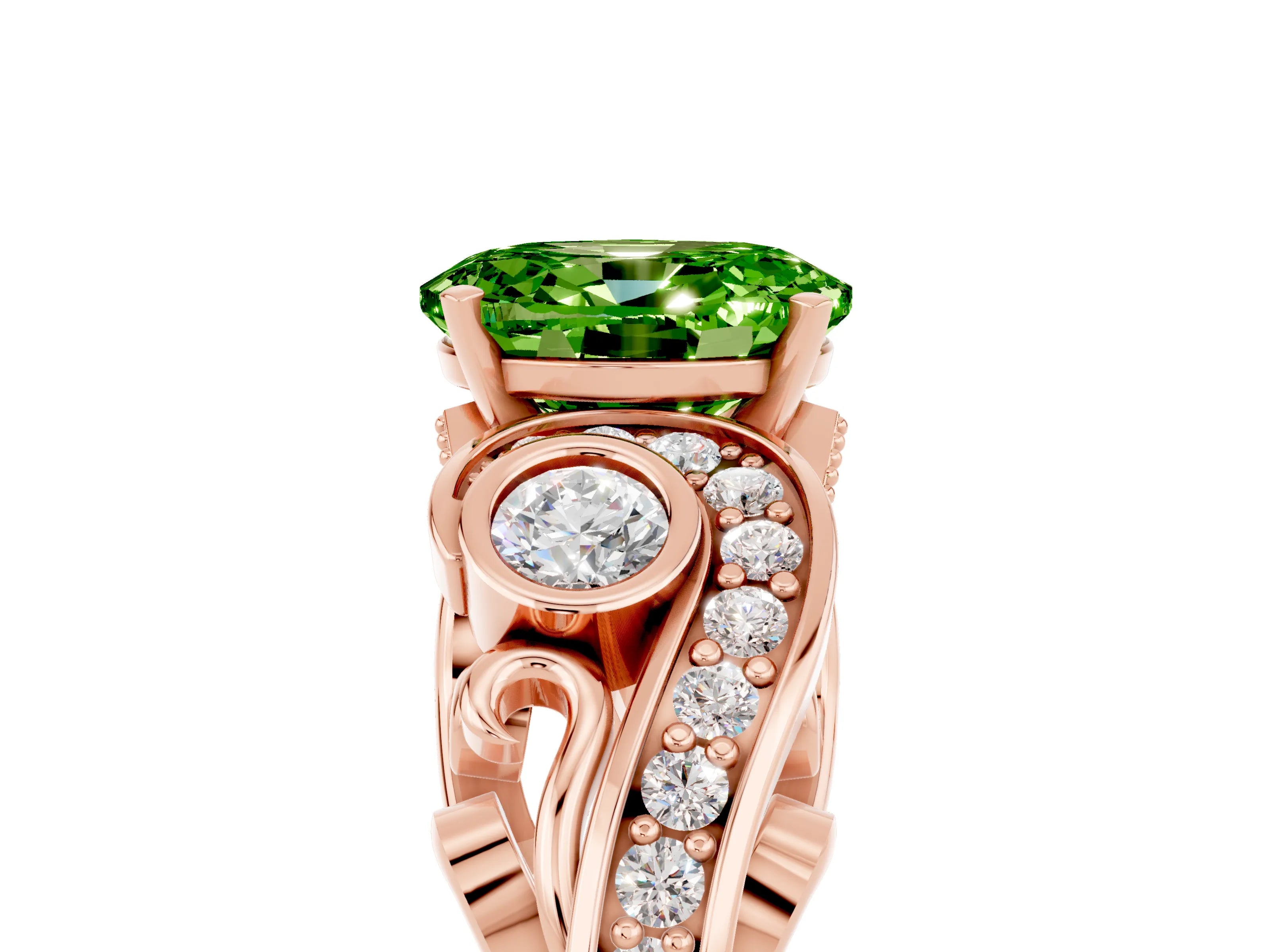 Rose gold Oval Cut Peridot Solitaire Ring with Milgrain Pavé Band and Four-Prong Setting_41