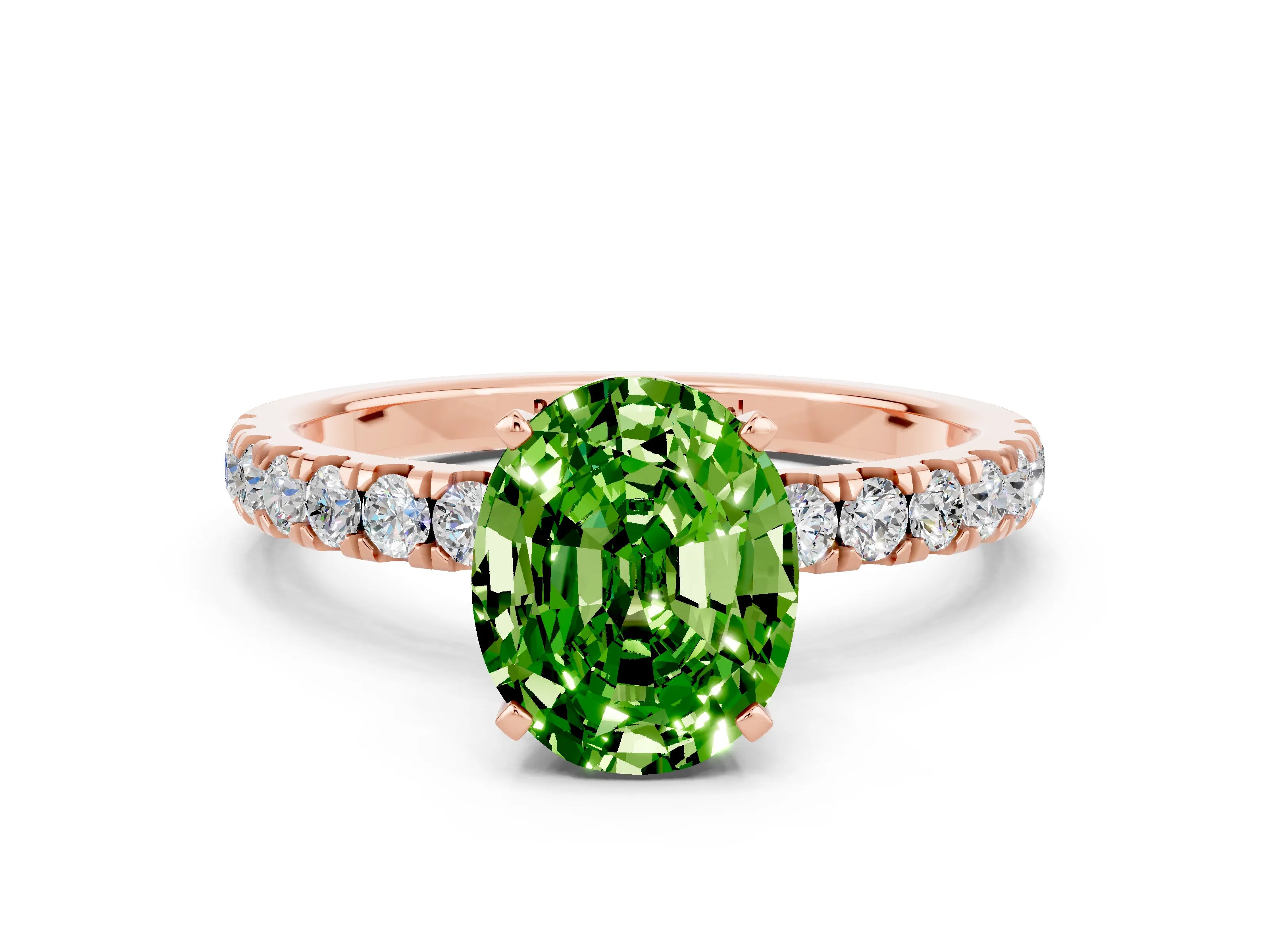 Rose gold Oval Cut Peridot Solitaire Ring with Pavé Accents and Four-Prong Setting