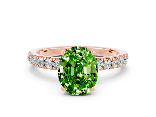 Rose gold Oval Cut Peridot Solitaire Ring with Pavé Accents and Four-Prong Setting