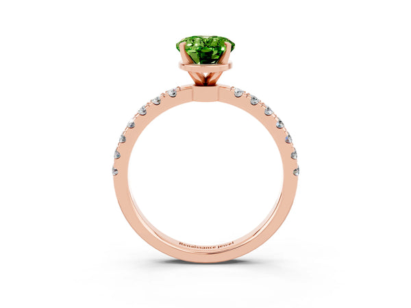 Rose gold Oval Cut Peridot Solitaire Ring with Pavé Accents and Four-Prong Setting