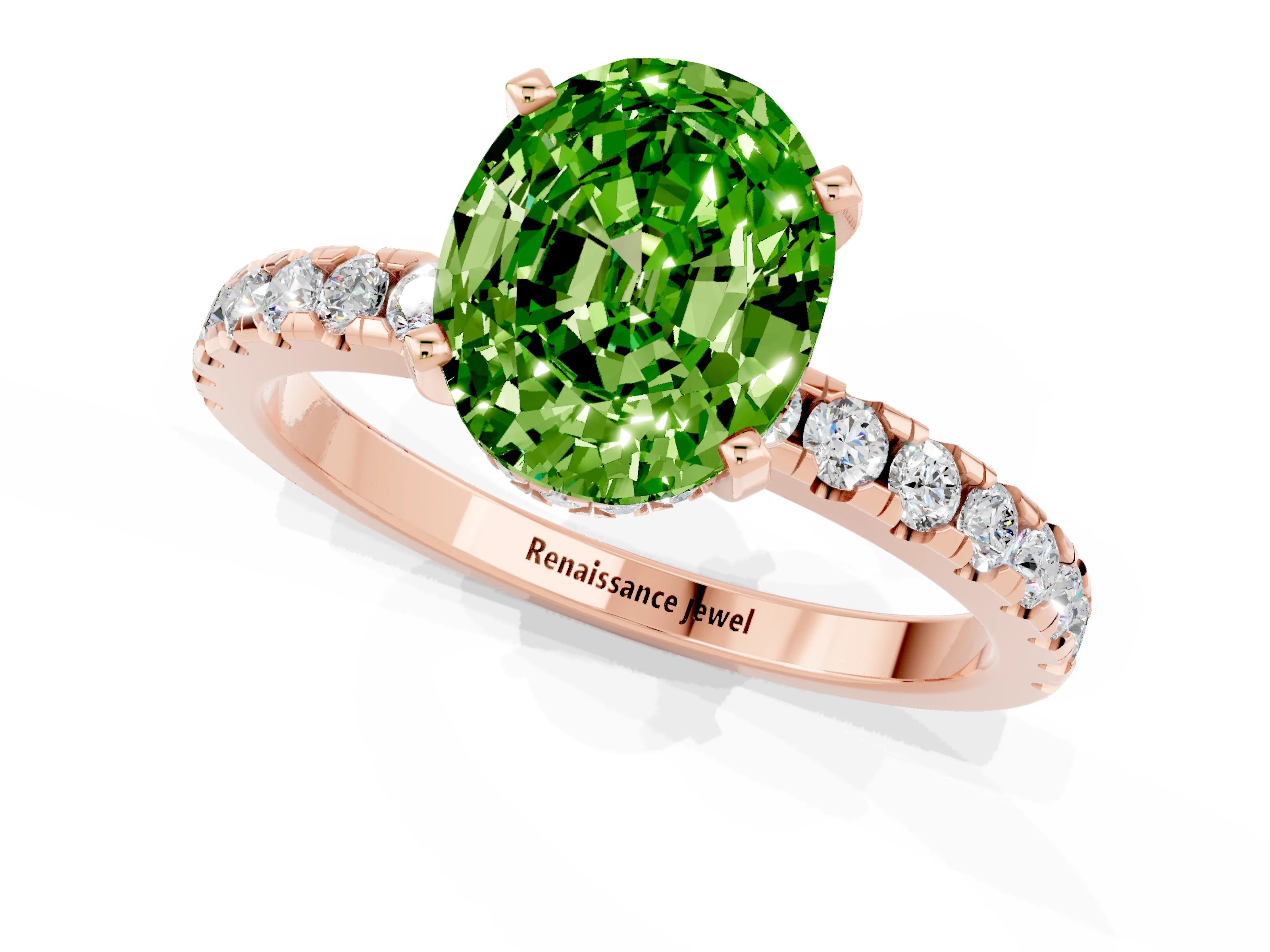 Rose gold Oval Cut Peridot Solitaire Ring with Pavé Band and Four-Prong Setting_13