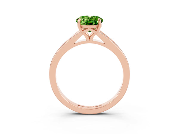 Rose gold Oval Cut Peridot Solitaire Ring with Pavé Band and Prong Setting
