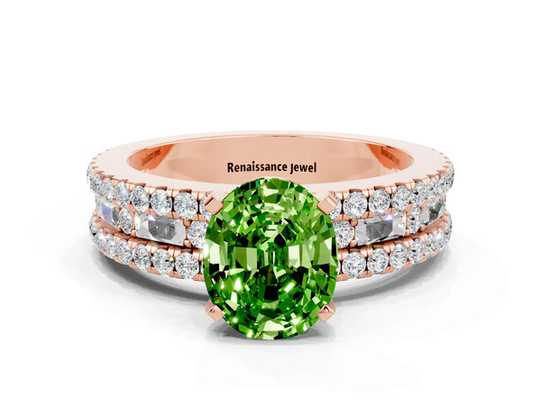 Rose gold Oval Cut Peridot Solitaire Ring with Pavé and Channel Set Band