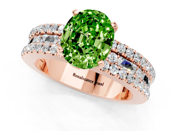 Rose gold Oval Cut Peridot Solitaire Ring with Pavé and Channel Set Band
