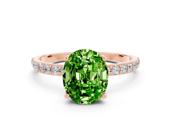 Rose gold Oval Cut Peridot Solitaire Ring with Round  Pavé Band and Prong Setting