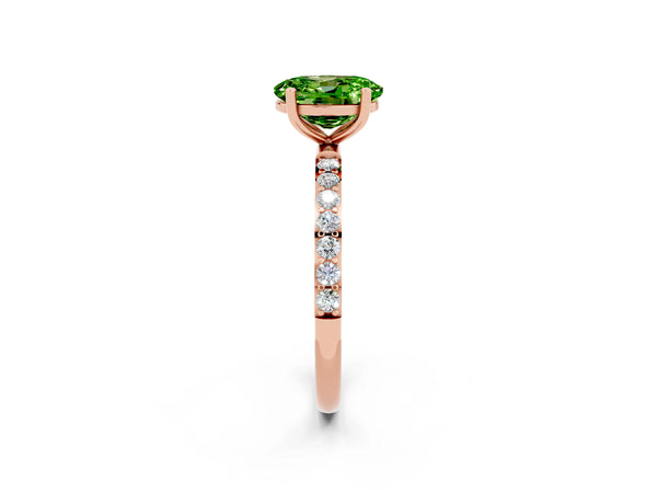Rose gold Oval Cut Peridot Solitaire Ring with Round  Pavé Band and Prong Setting