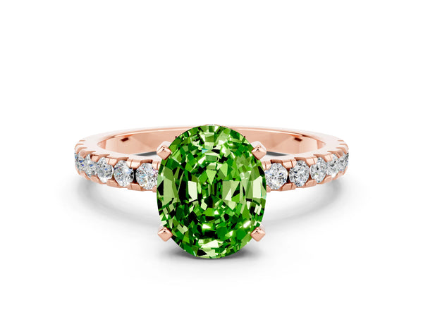 Rose gold Oval Cut Peridot Solitaire Ring with Round  Pavé Band and Four-Prong Setting