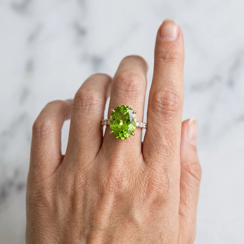 Rose gold Oval Cut Peridot Solitaire Ring with Round  Pavé Band and Four-Prong Setting_30