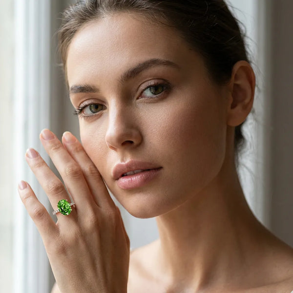 Rose gold Oval Cut Peridot Solitaire Ring with Round  Pavé Band and Four-Prong Setting