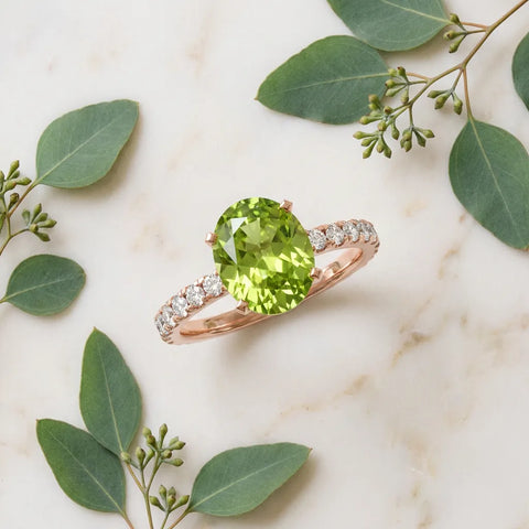 Rose gold Oval Cut Peridot Solitaire Ring with Round  Pavé Band and Four-Prong Setting_33