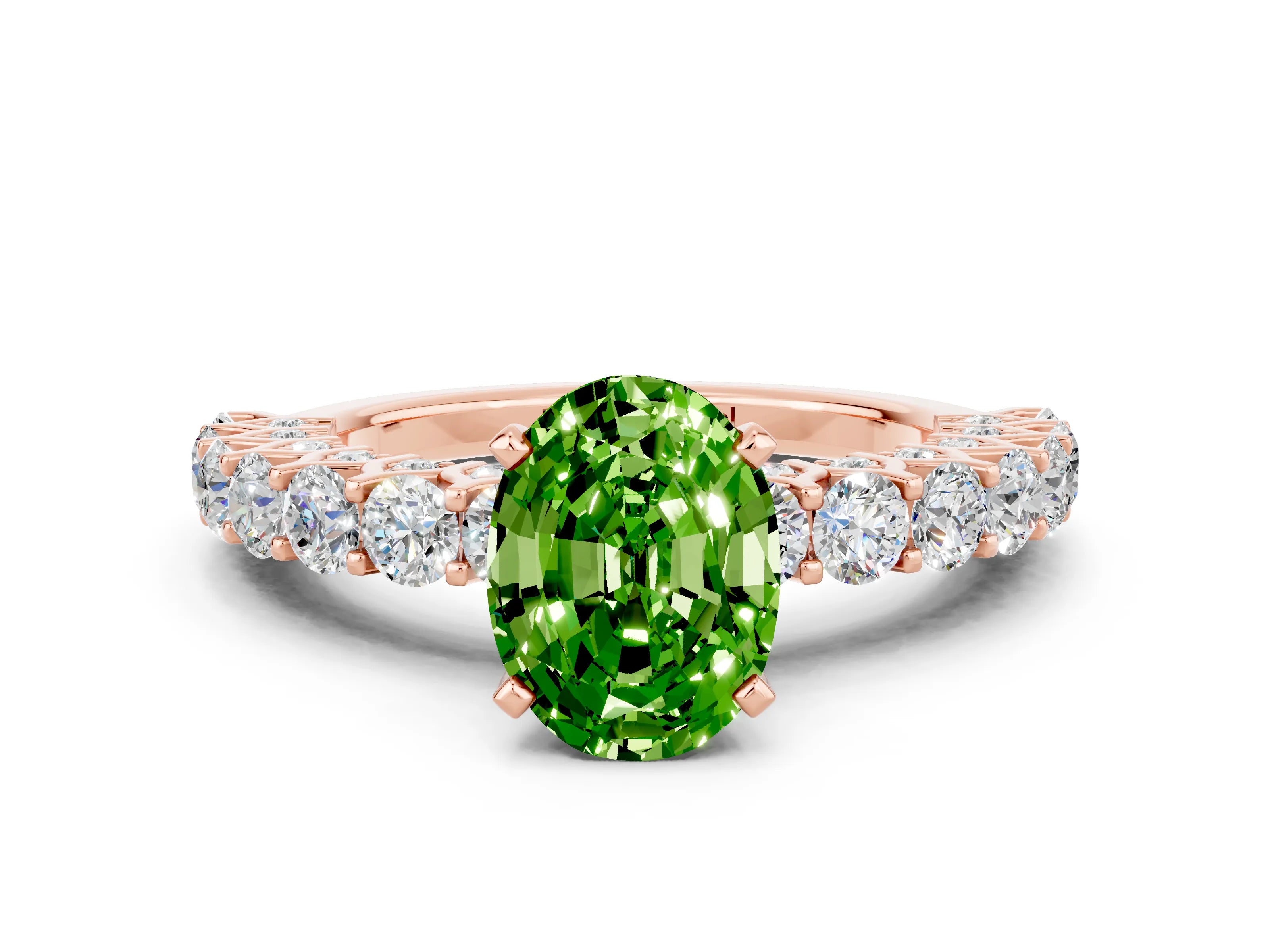 Rose gold Oval Cut Peridot Solitaire Ring with Shared Prong Pavé Band and Four-Prong Setting