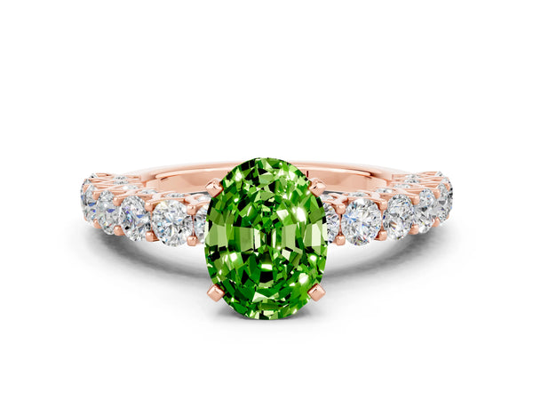 Rose gold Oval Cut Peridot Solitaire Ring with Shared Prong Pavé Band and Four-Prong Setting