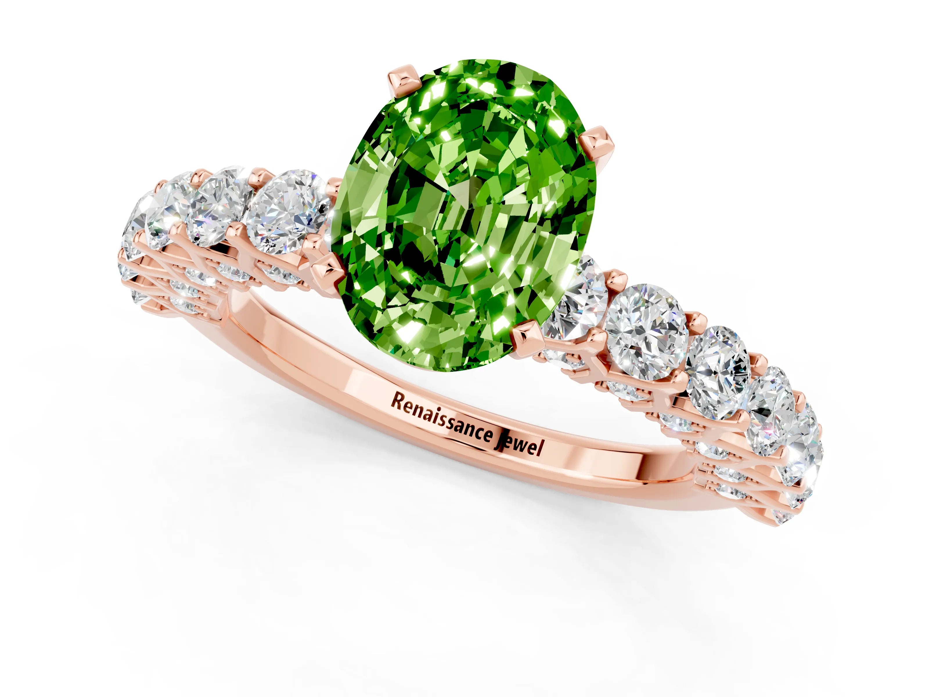 Rose gold Oval Cut Peridot Solitaire Ring with Shared Prong Pavé Band and Four-Prong Setting_1