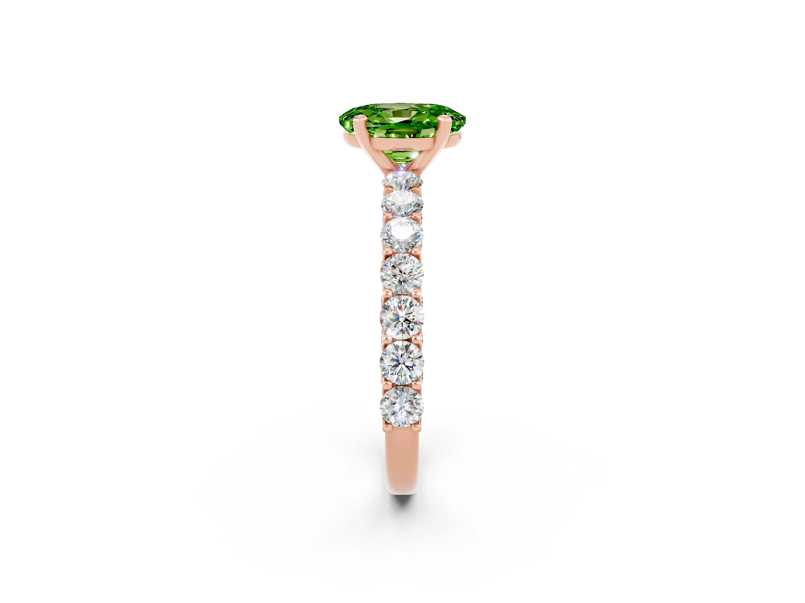 Rose gold Oval Cut Peridot Solitaire Ring with Shared Prong Pavé Band and Four-Prong Setting_2
