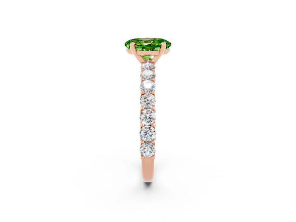Rose gold Oval Cut Peridot Solitaire Ring with Shared Prong Pavé Band and Four-Prong Setting
