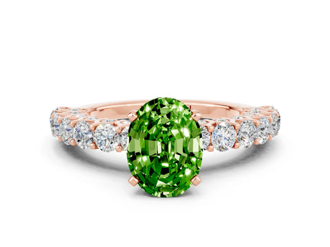 Rose gold Oval Cut Peridot Solitaire Ring with Shared Prong Pavé Band and Four-Prong Setting