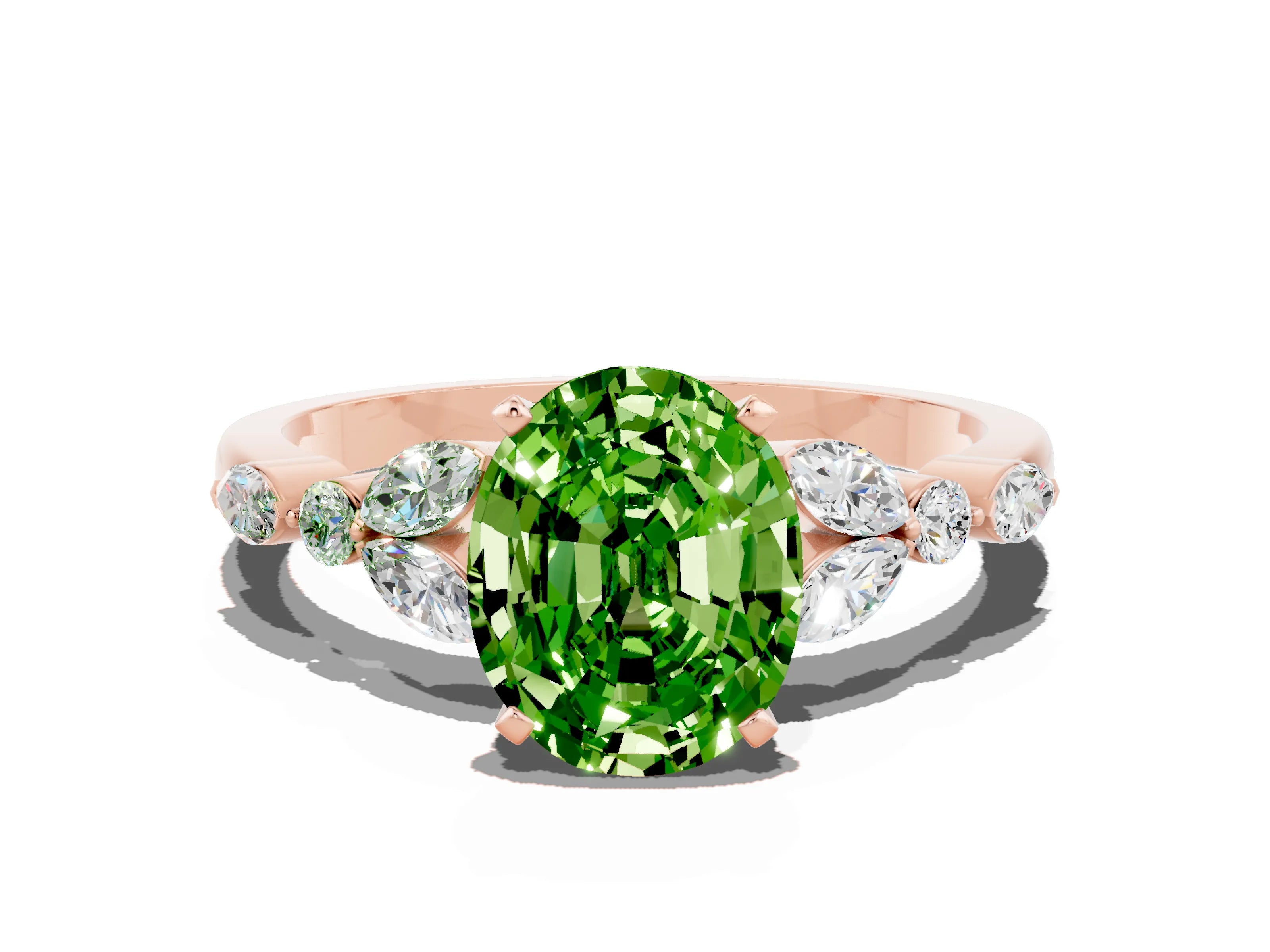 Rose gold Oval Cut Peridot Solitaire Ring with Side Stones and Four-Prong Setting_12