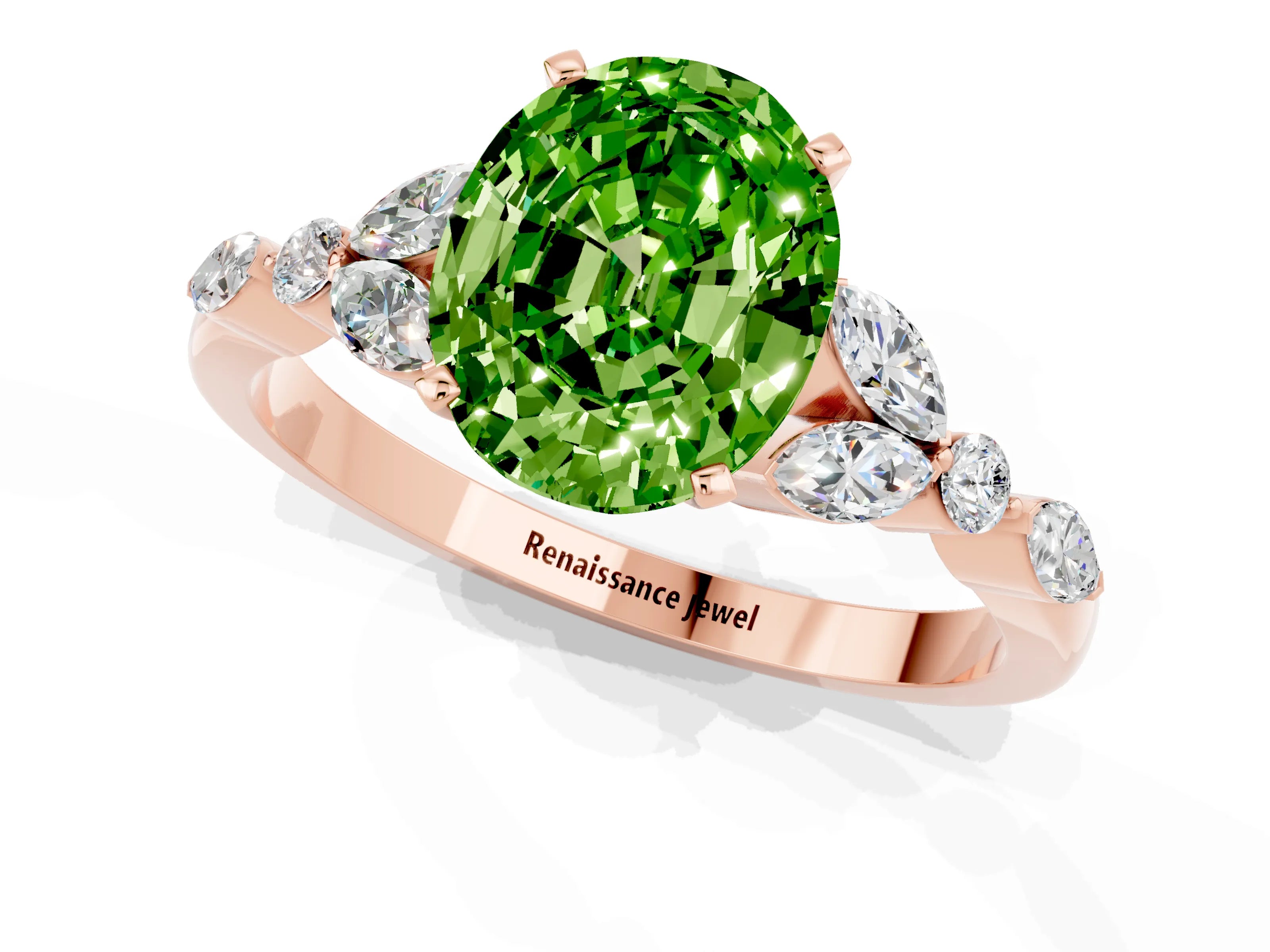 Rose gold Oval Cut Peridot Solitaire Ring with Side Stones and Four-Prong Setting_13