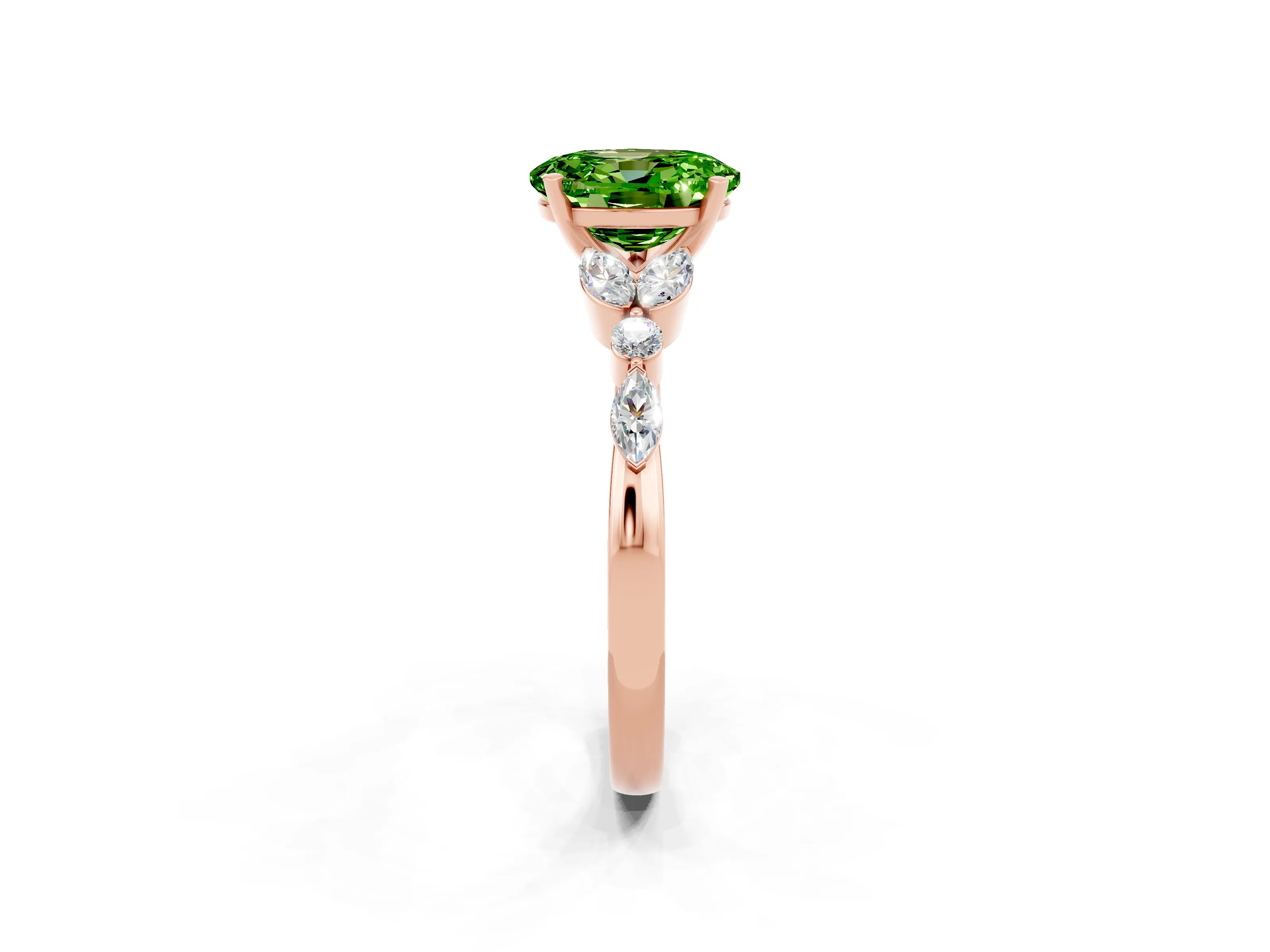 Rose gold Oval Cut Peridot Solitaire Ring with Side Stones and Four-Prong Setting_14